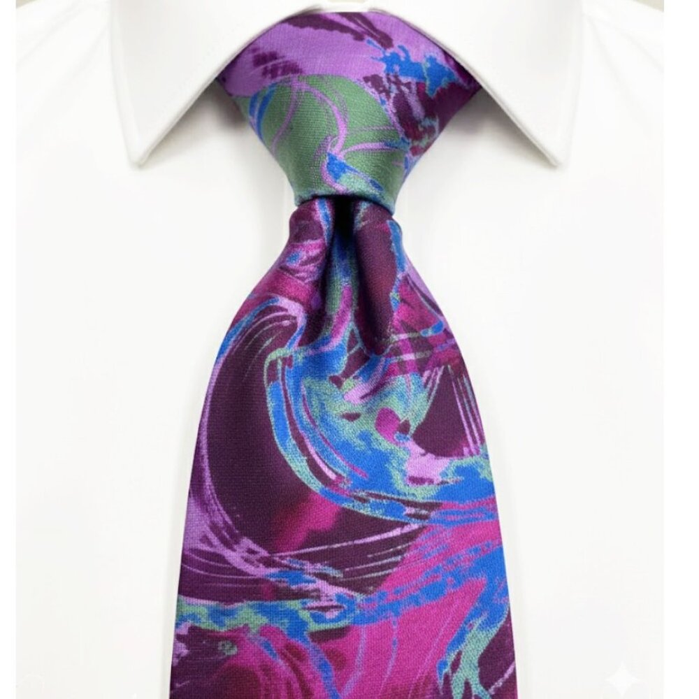 Claiborne Men’s Silk Tie Purple Blue Green Abstract Art Deco 90s Y2K Vibe